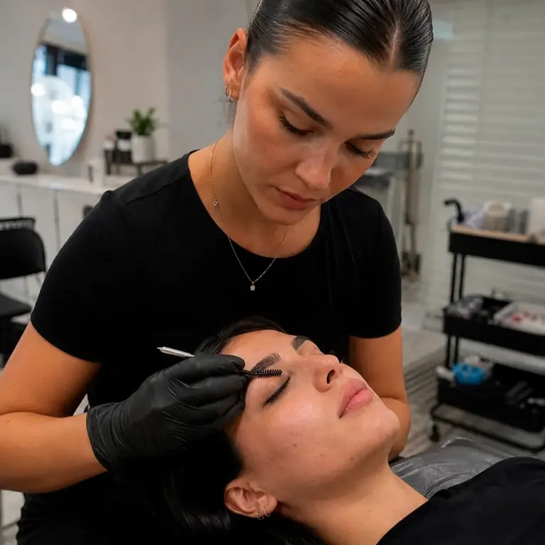 Brow technician shaping client brows in a home salon setup